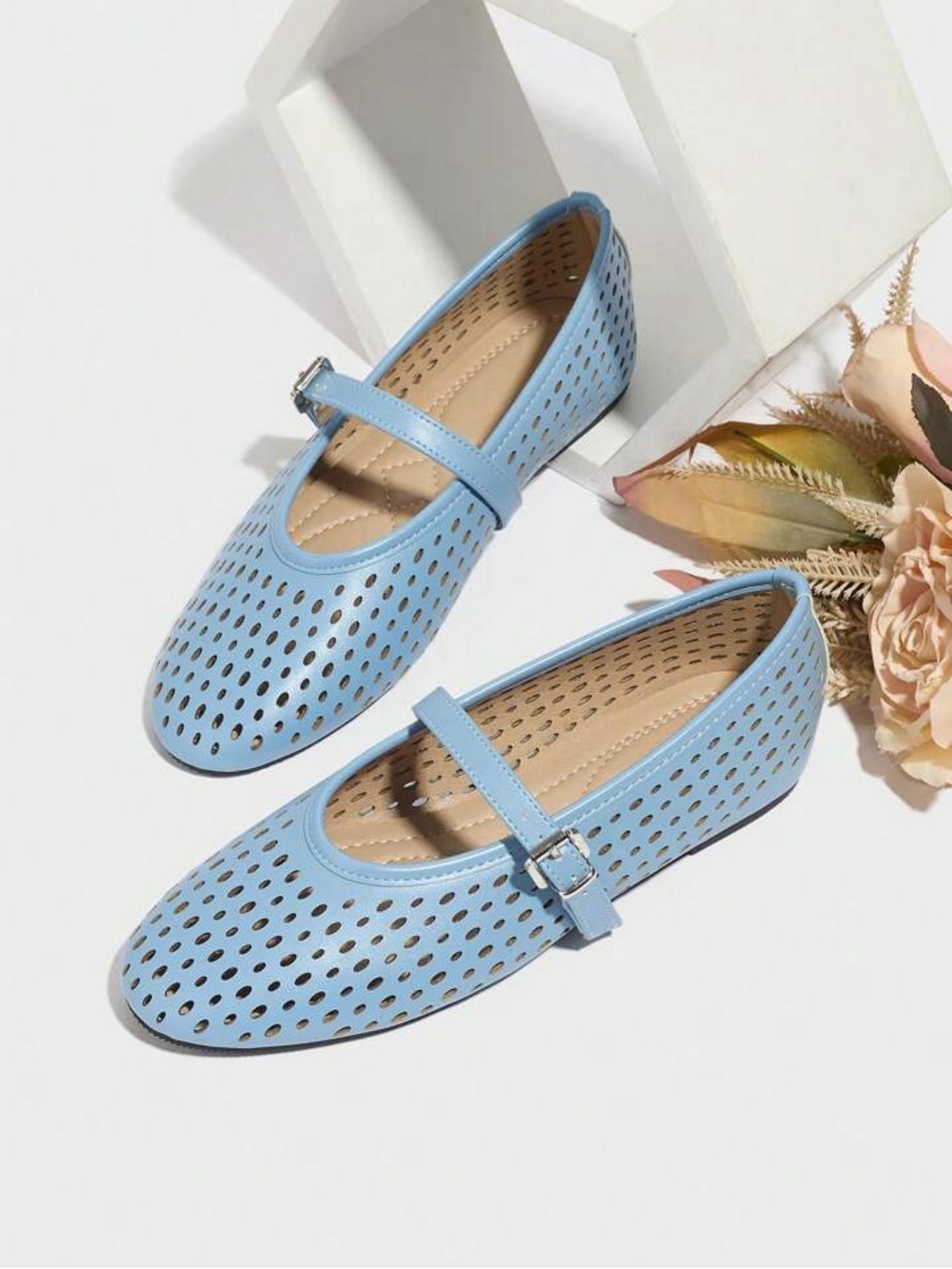 Women's Light Blue Mary Jane Perforated Flats